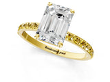 Yellow gold Emerald Cut Diamond Solitaire Ring with Round with Yellow Sapphire side stone Pavé Band and Prong Setting_25