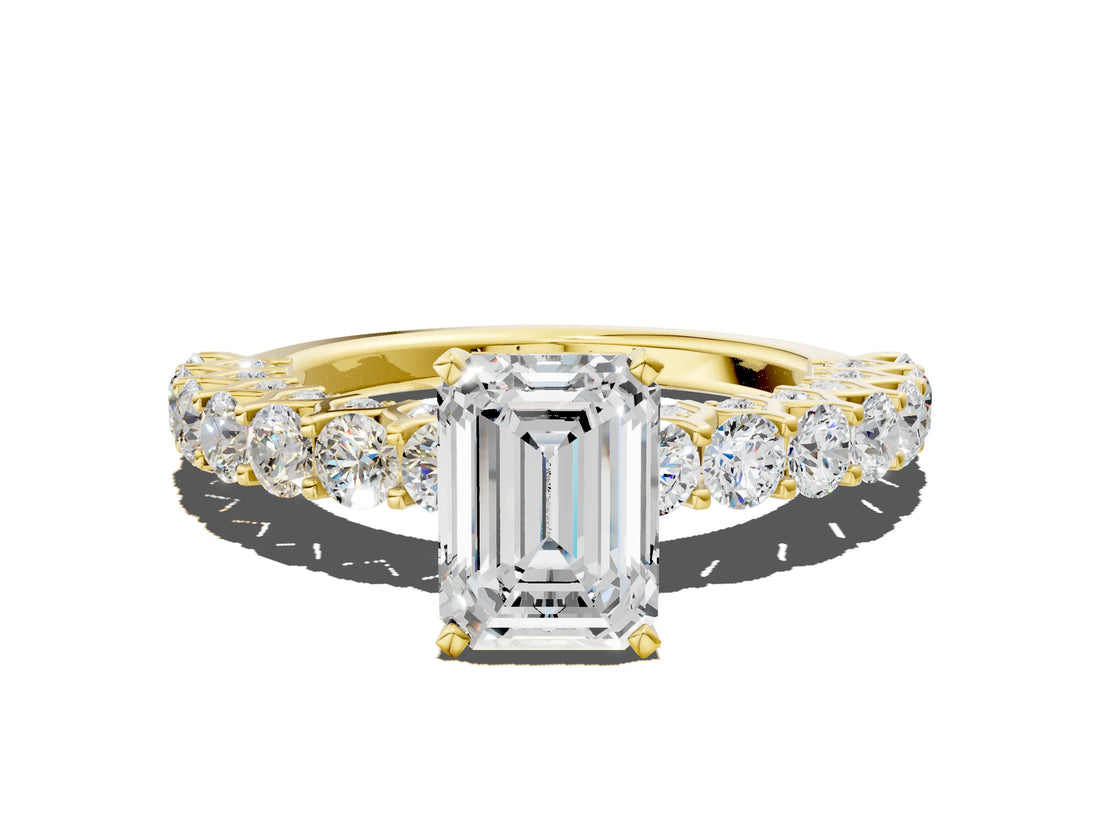 Yellow gold Emerald Cut Diamond Solitaire Ring with Shared Prong Pavé Band and Four-Prong Setting_80