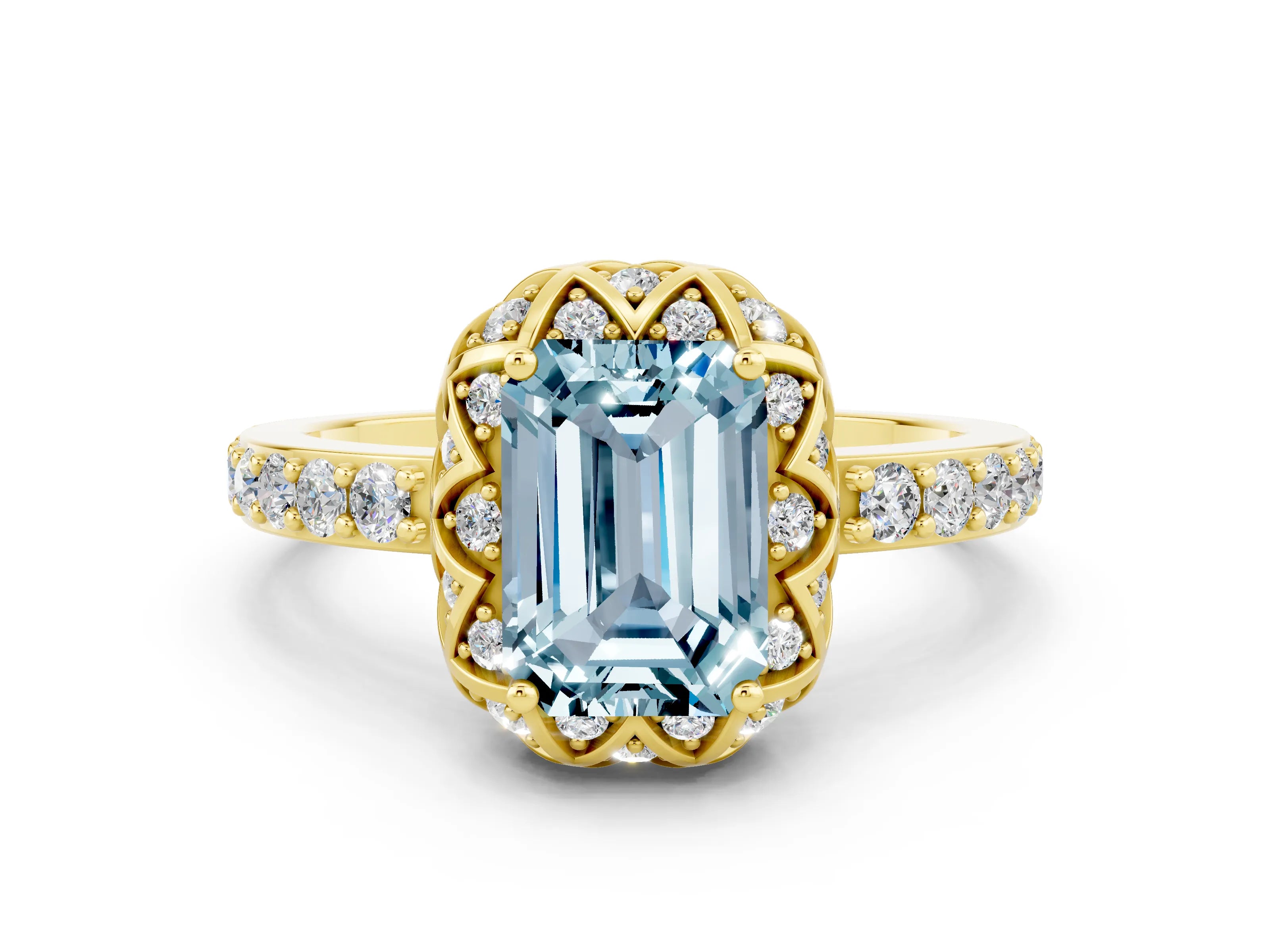 Yellow gold Emerald Cut Diamond Solitaire Ring with Shared Prong Pavé Band