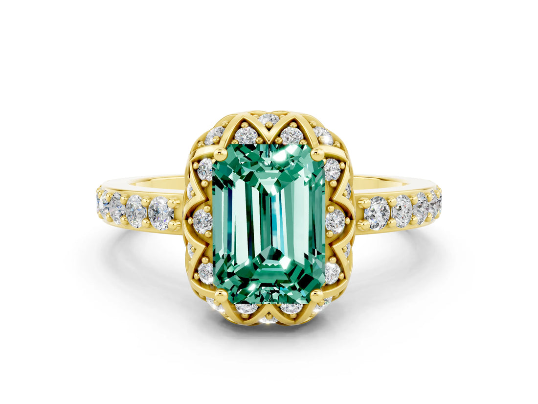 Yellow gold Emerald Cut Diamond Solitaire Ring with Shared Prong Pavé Band