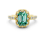 Yellow gold Emerald Cut Diamond Solitaire Ring with Shared Prong Pavé Band