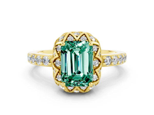 Yellow gold Emerald Cut Green Sapphire Scalloped Halo Engagement Ring with Round Shared Prong Band