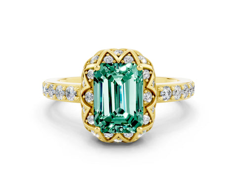 Yellow gold Emerald Cut Diamond Solitaire Ring with Shared Prong Pavé Band