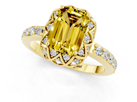 Yellow gold Emerald Cut Diamond Solitaire Ring with Shared Prong Pavé Band_1