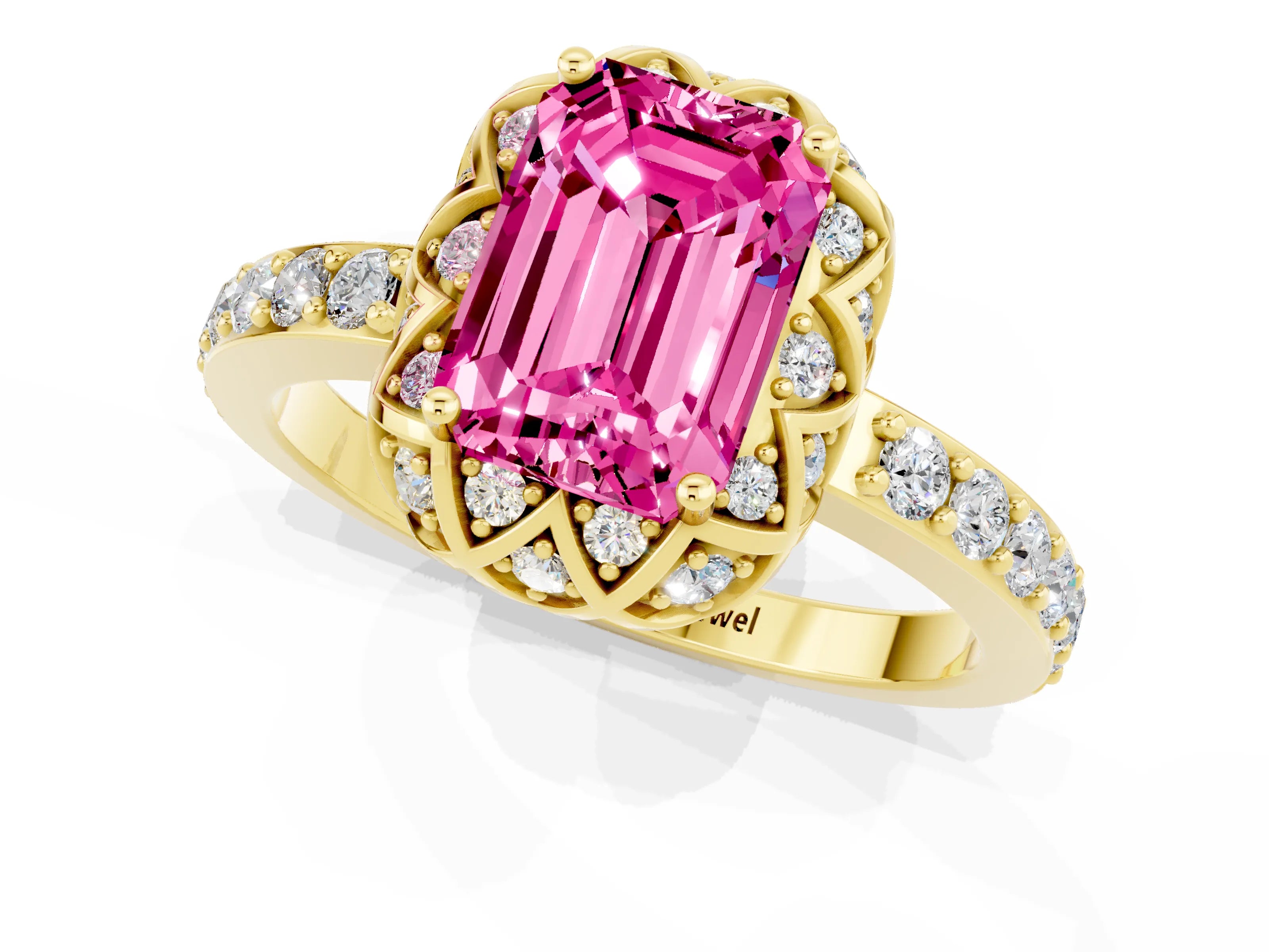Yellow gold Emerald Cut Diamond Solitaire Ring with Shared Prong Pavé Band_1