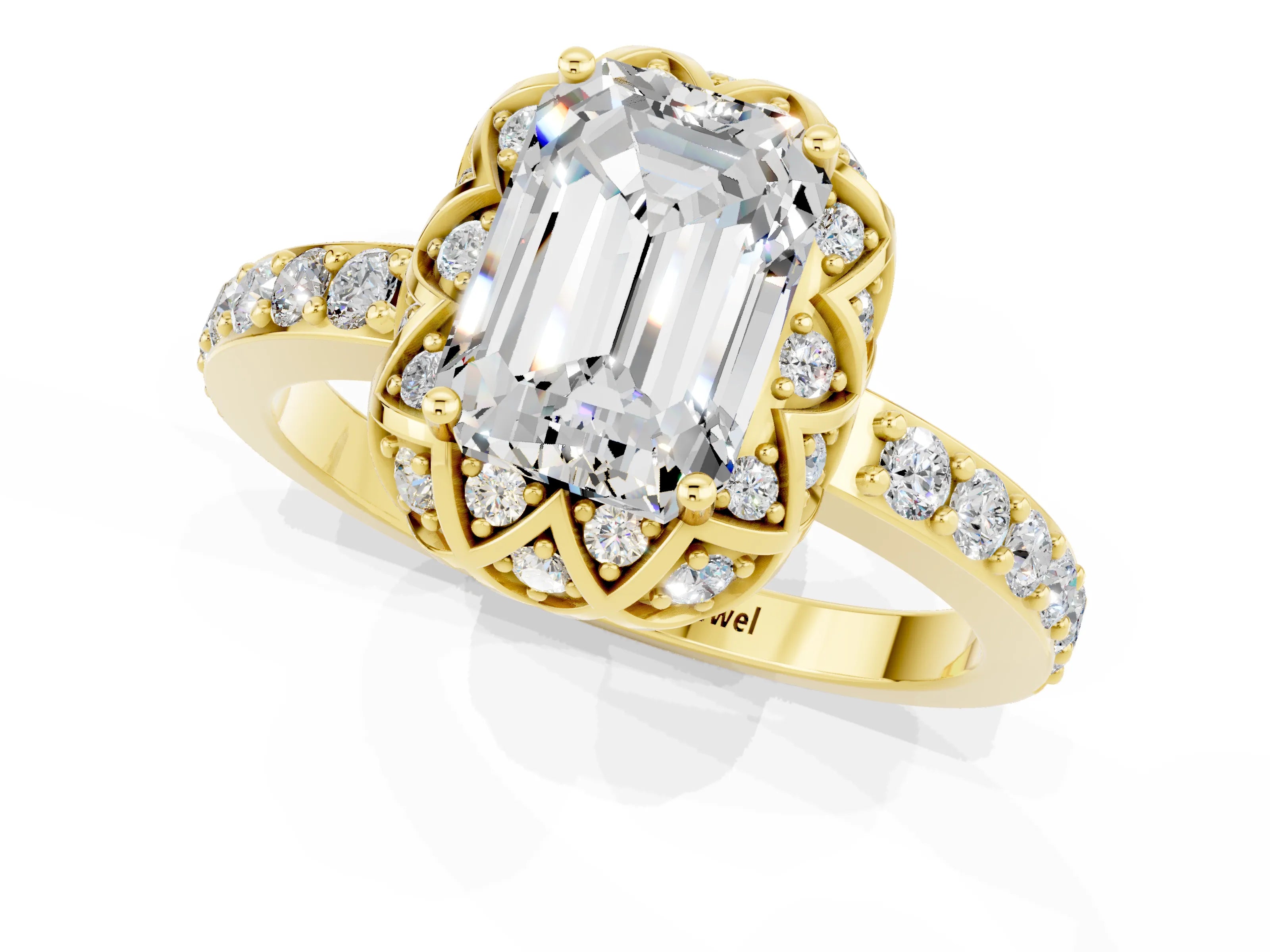 Yellow gold Emerald Cut Diamond Solitaire Ring with Shared Prong Pavé Band_1