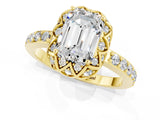 Yellow gold Emerald Cut Diamond Solitaire Ring with Shared Prong Pavé Band_1
