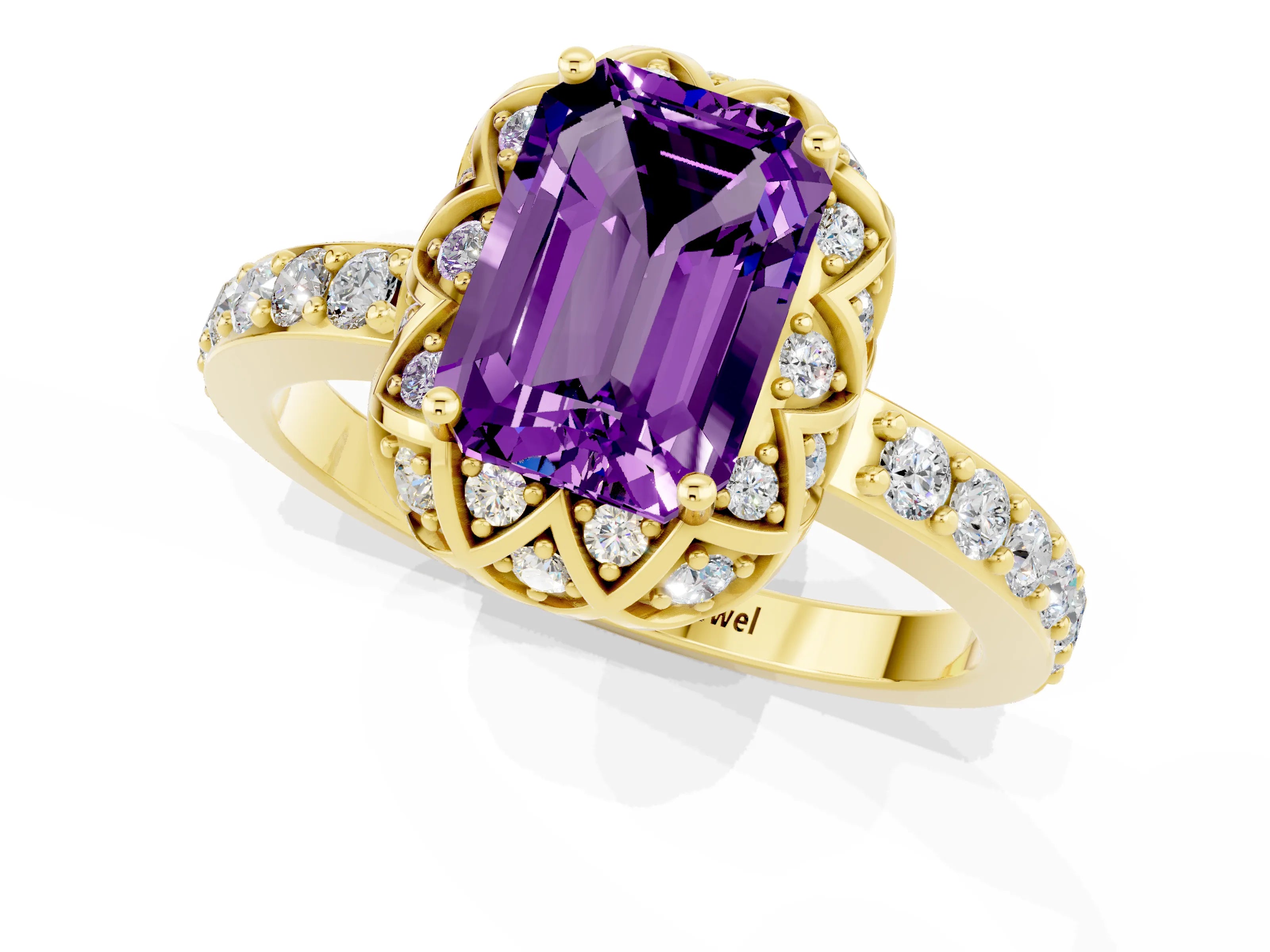Yellow gold Emerald Cut Diamond Solitaire Ring with Shared Prong Pavé Band_1