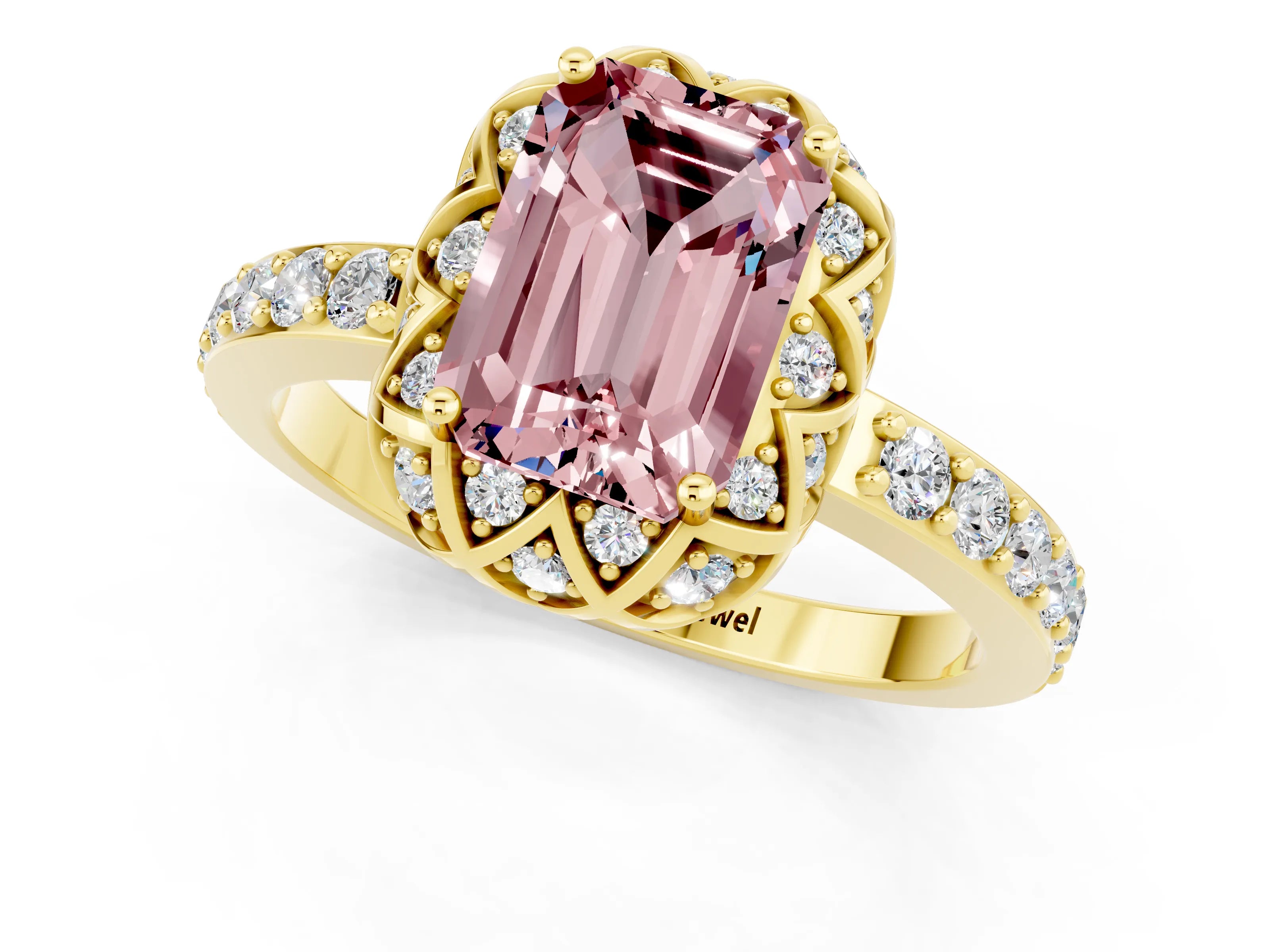 Yellow gold Emerald Cut Diamond Solitaire Ring with Shared Prong Pavé Band_1