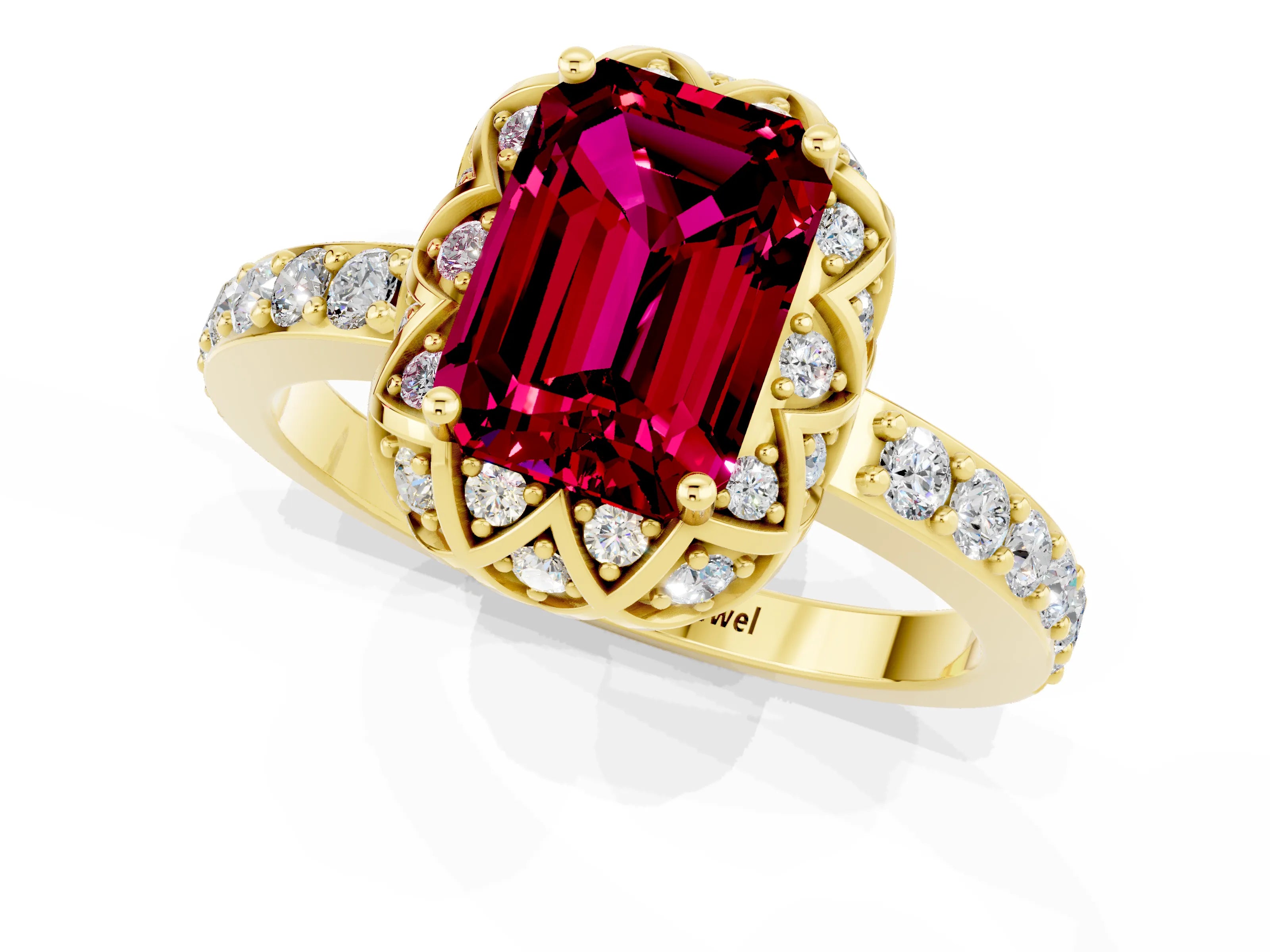 Yellow gold Emerald Cut Diamond Solitaire Ring with Shared Prong Pavé Band_1