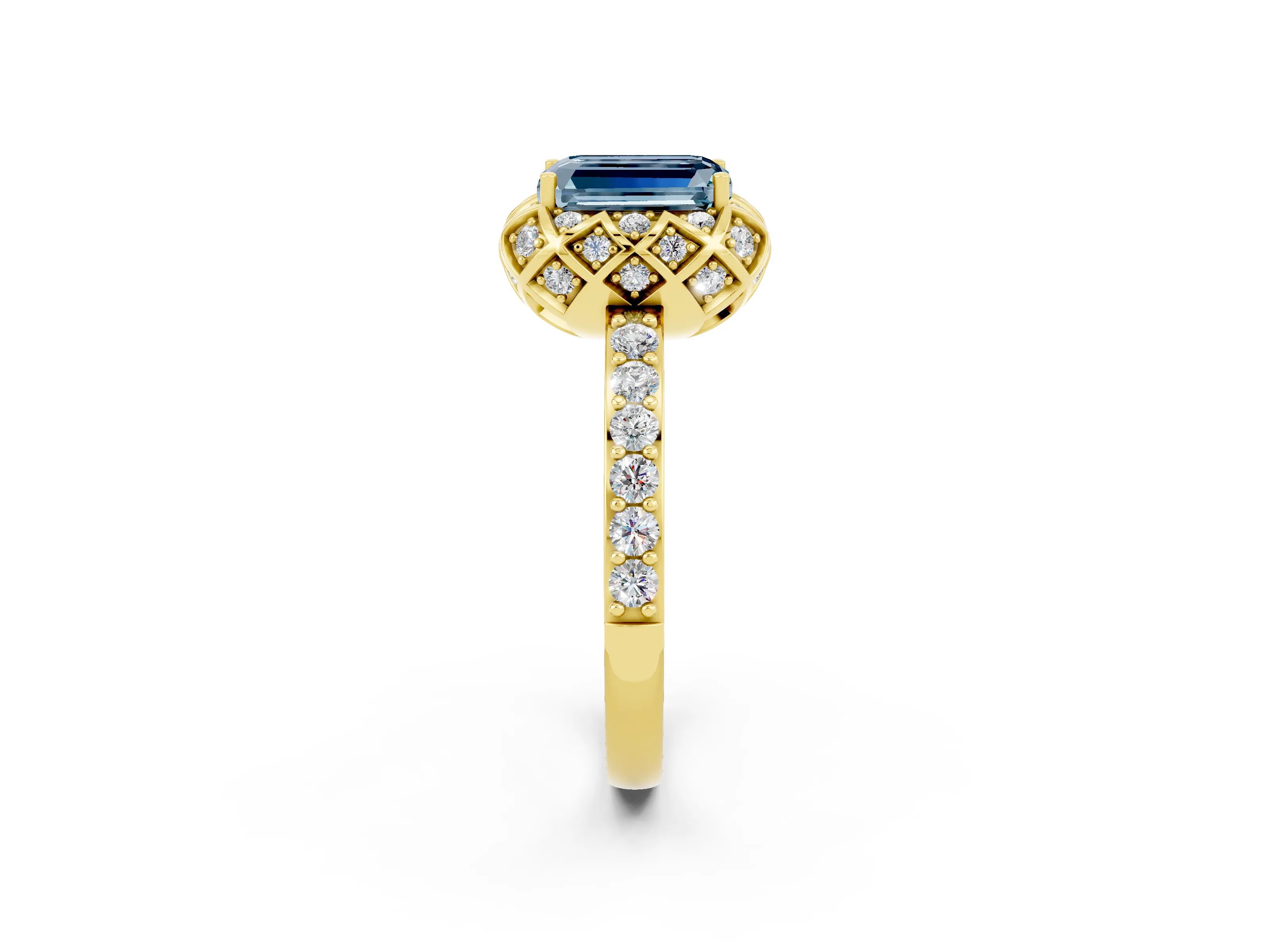 Yellow gold Emerald Cut Diamond Solitaire Ring with Shared Prong Pavé Band_2