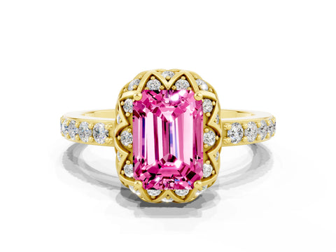 Yellow gold Emerald Cut Diamond Solitaire Ring with Shared Prong Pavé Band
