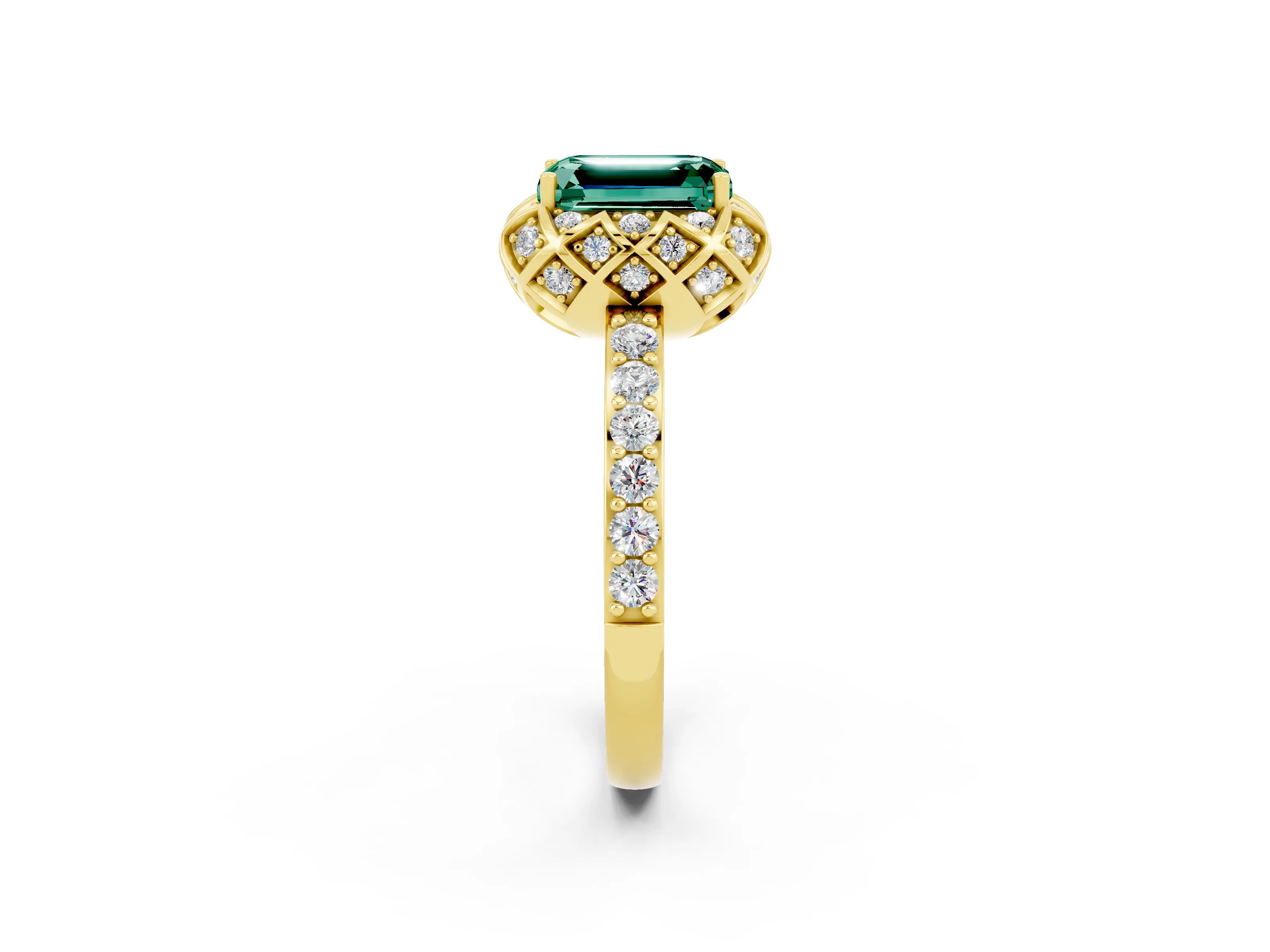 Yellow gold Emerald Cut Diamond Solitaire Ring with Shared Prong Pavé Band_2