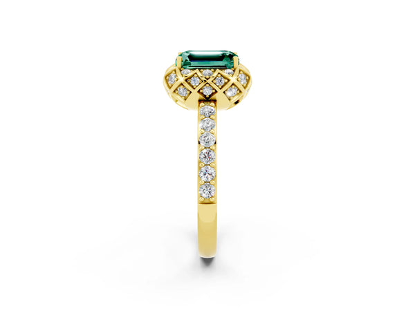 Yellow gold Emerald Cut Green Sapphire Scalloped Halo Engagement Ring with Round Shared Prong Band