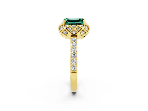 Yellow gold Emerald Cut Diamond Solitaire Ring with Shared Prong Pavé Band_2
