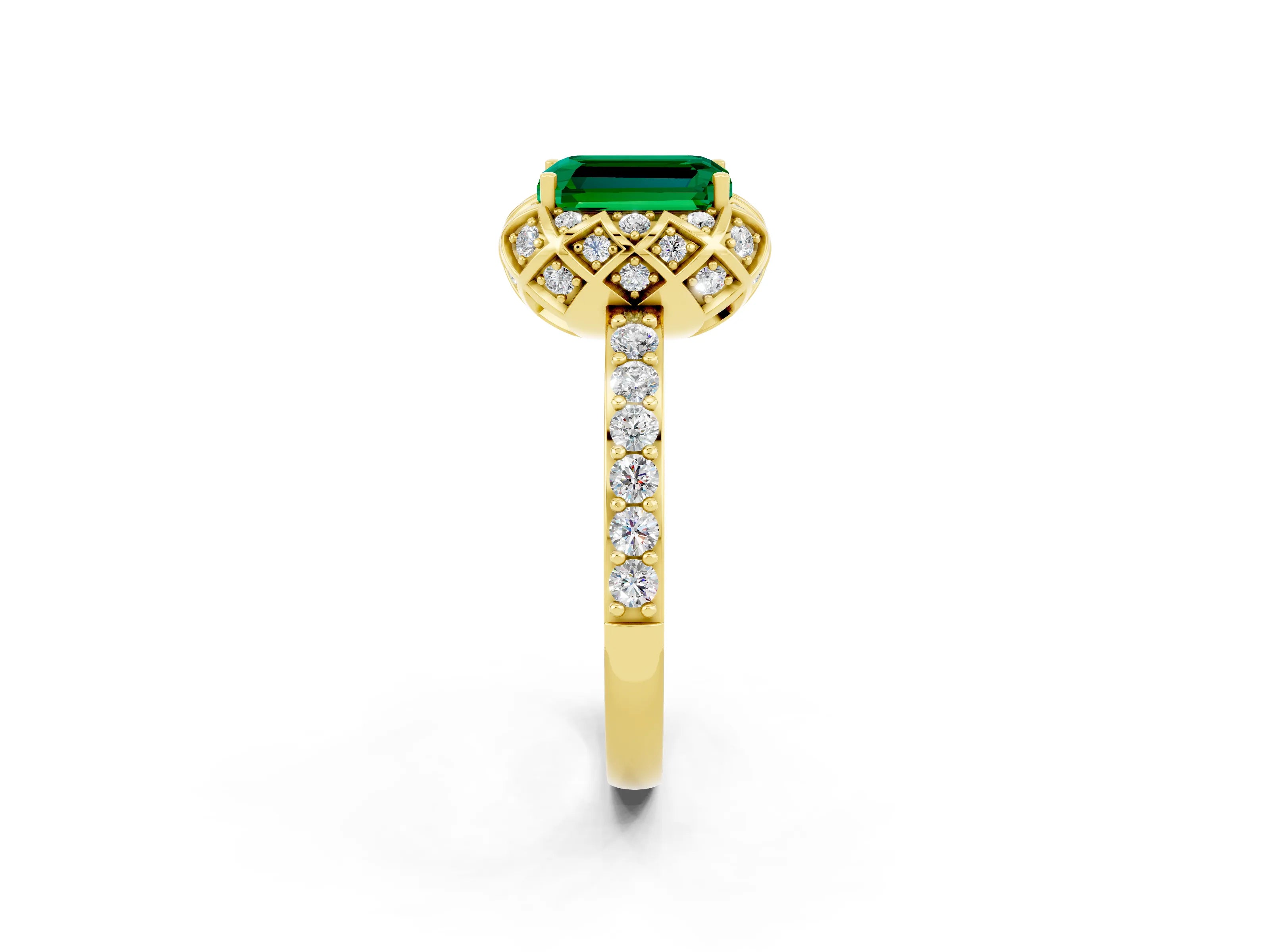 Yellow gold Emerald Cut Diamond Solitaire Ring with Shared Prong Pavé Band_2