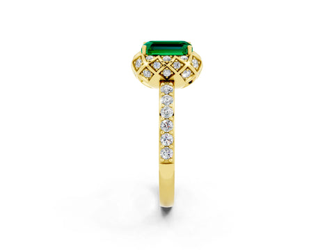 Yellow gold Emerald Cut Diamond Solitaire Ring with Shared Prong Pavé Band_2