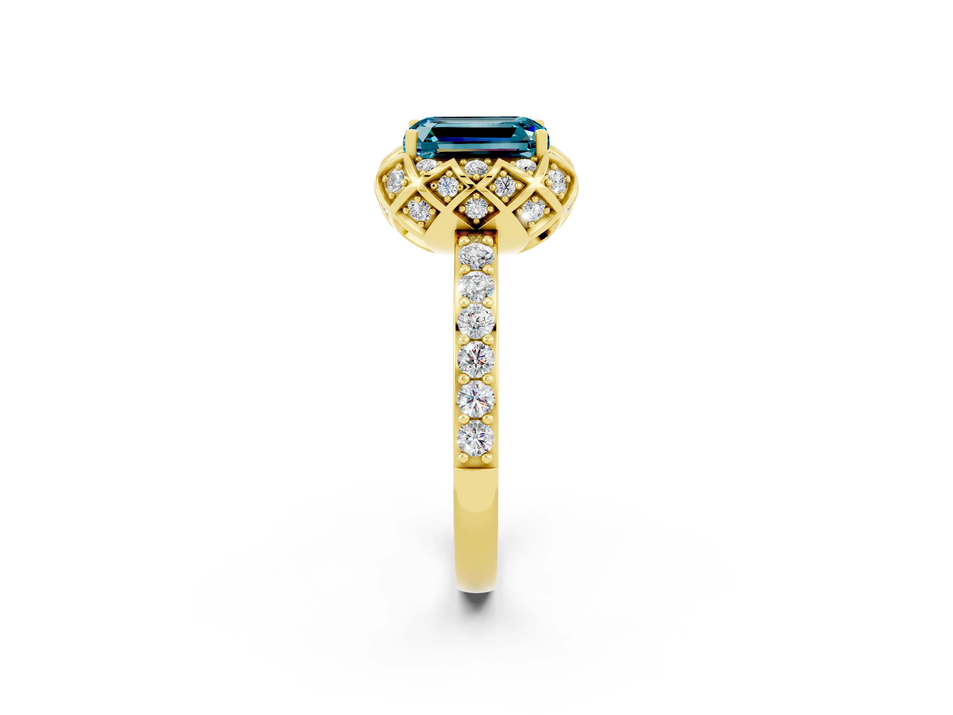 Yellow gold Emerald Cut Diamond Solitaire Ring with Shared Prong Pavé Band_2