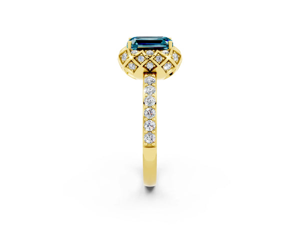 Yellow gold Emerald Cut Diamond Solitaire Ring with Shared Prong Pavé Band