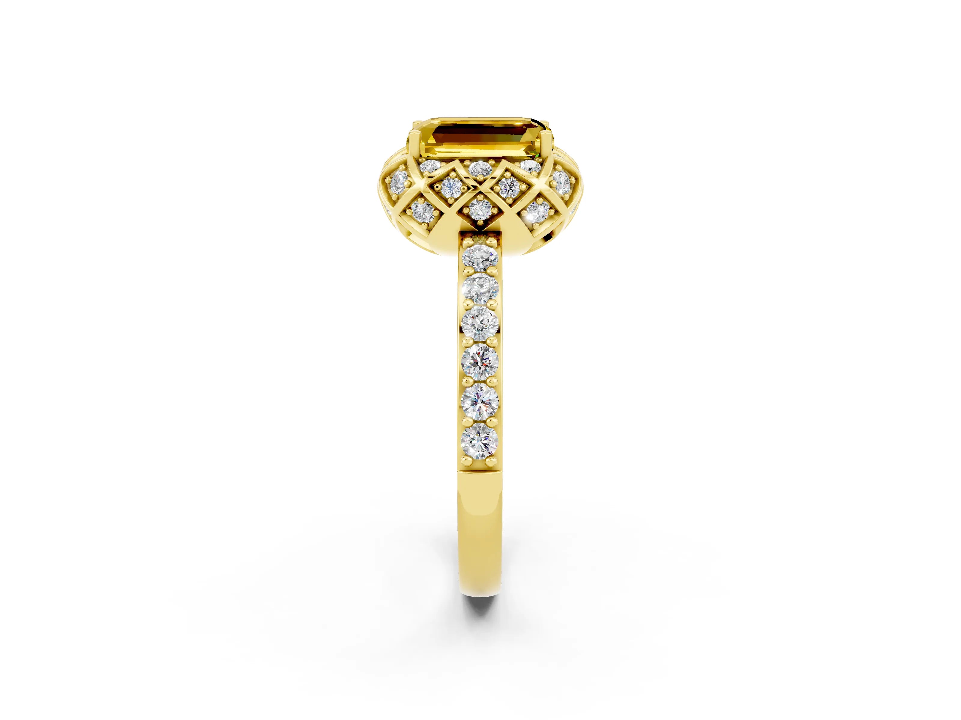 Yellow gold Emerald Cut Diamond Solitaire Ring with Shared Prong Pavé Band_2
