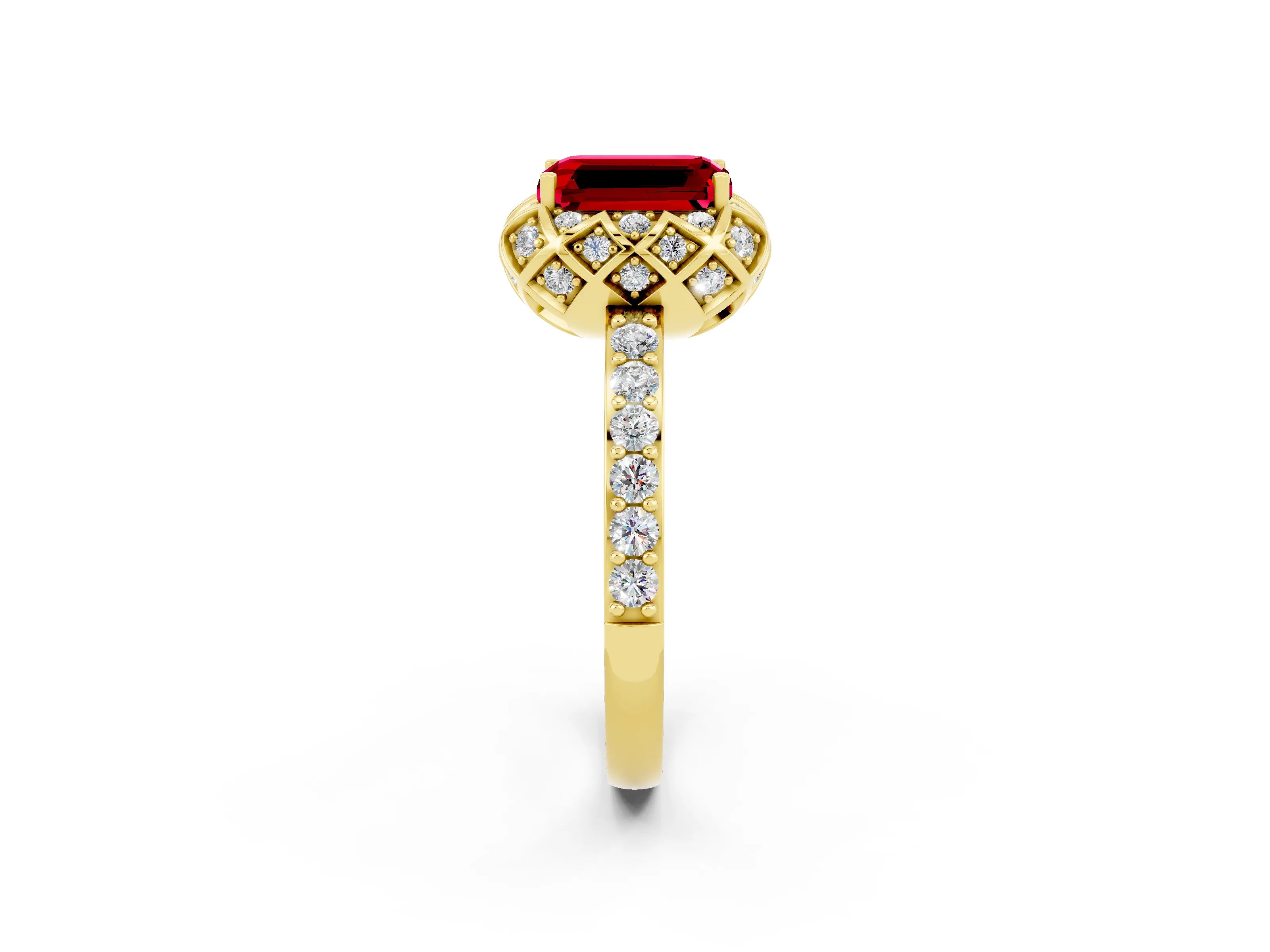 Yellow gold Emerald Cut Diamond Solitaire Ring with Shared Prong Pavé Band_2