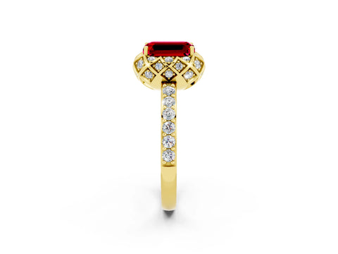 Yellow gold Emerald Cut Diamond Solitaire Ring with Shared Prong Pavé Band_2