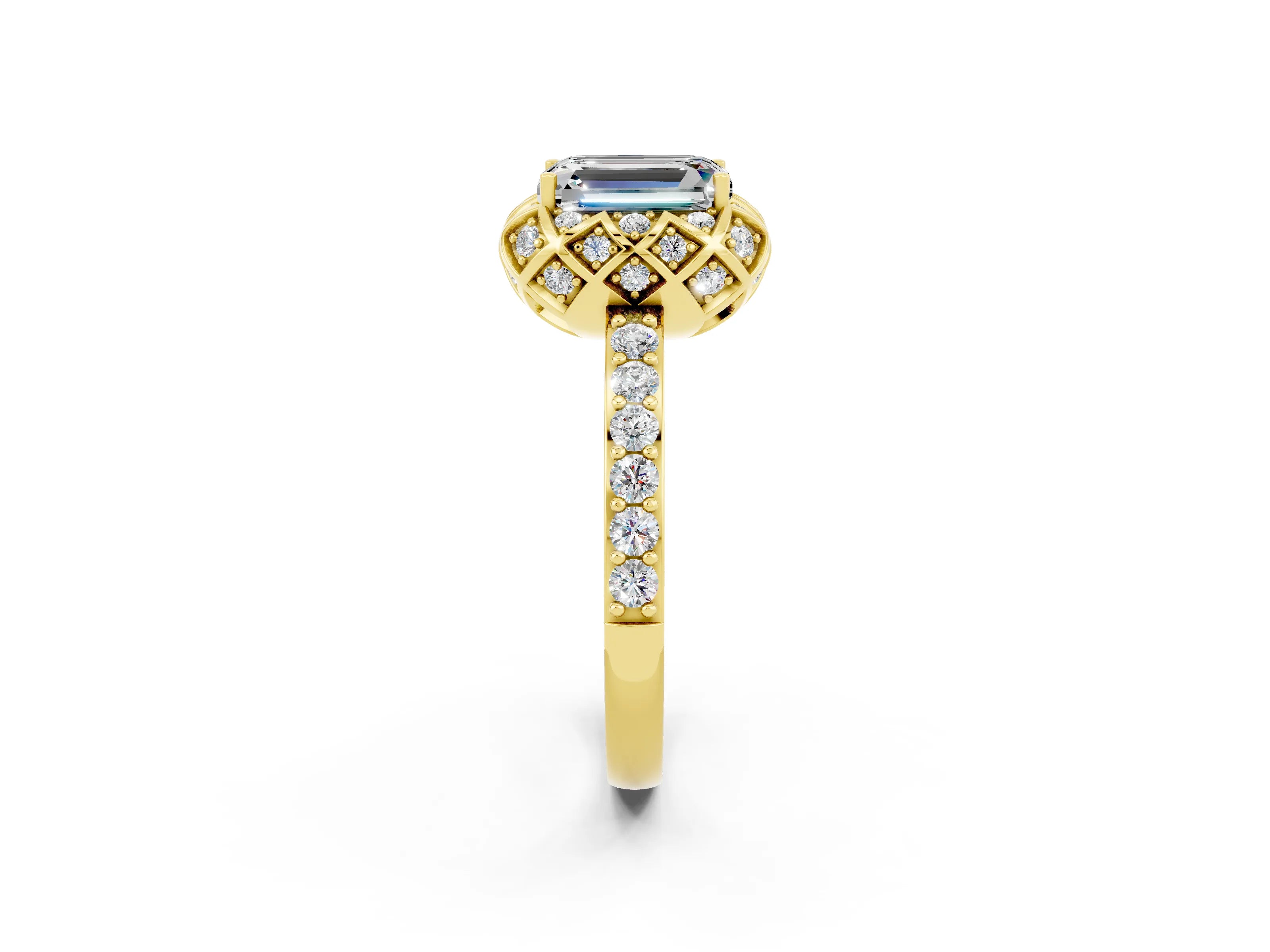 Yellow gold Emerald Cut Diamond Solitaire Ring with Shared Prong Pavé Band_2