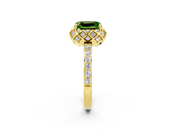 Yellow gold Emerald Cut Diamond Solitaire Ring with Shared Prong Pavé Band