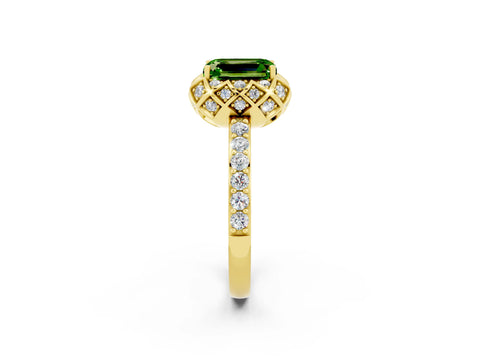 Yellow gold Emerald Cut Diamond Solitaire Ring with Shared Prong Pavé Band_2