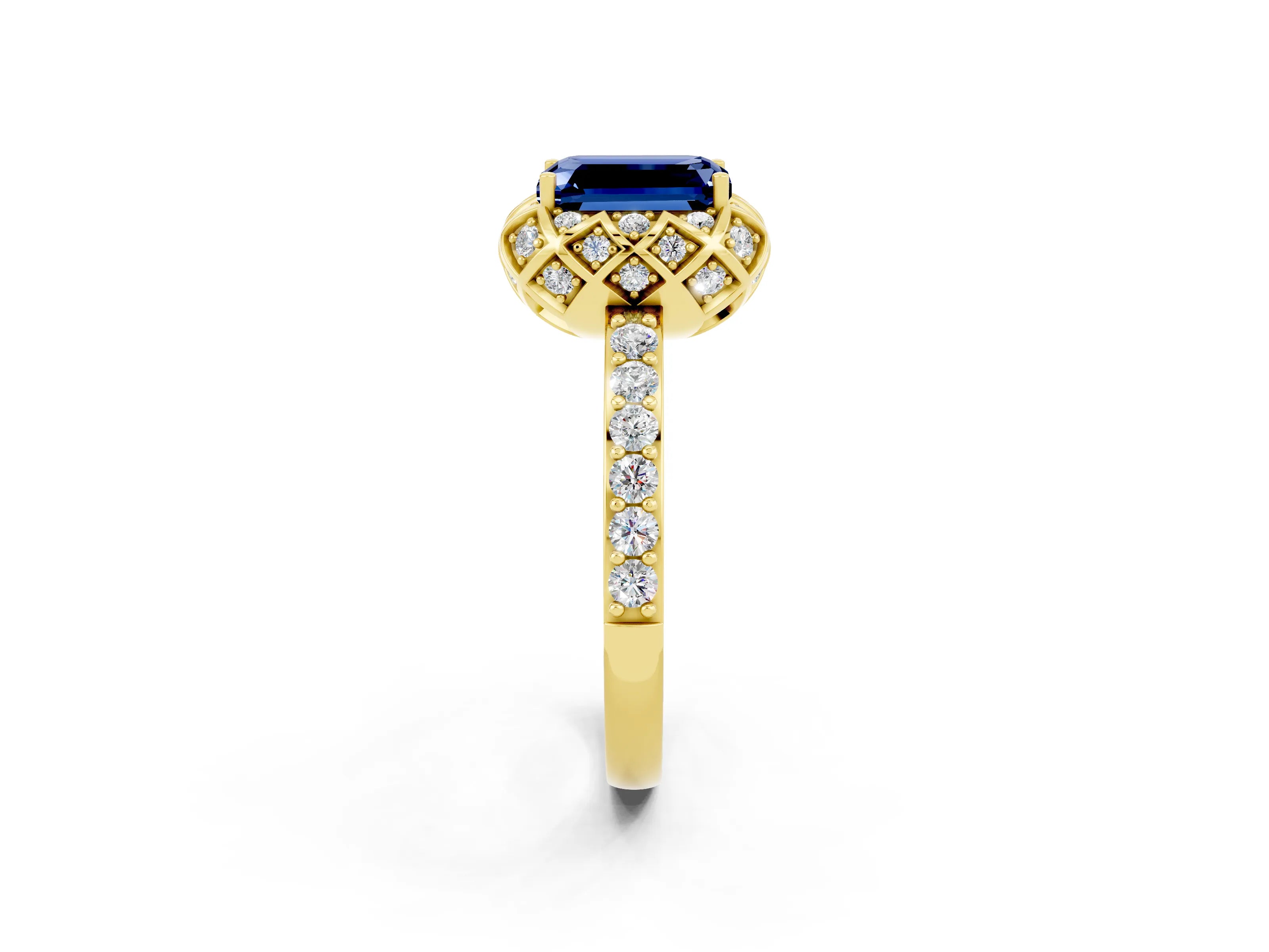 Yellow gold Emerald Cut Diamond Solitaire Ring with Shared Prong Pavé Band_2