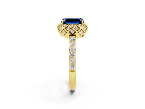 Yellow gold Emerald Cut Diamond Solitaire Ring with Shared Prong Pavé Band_2