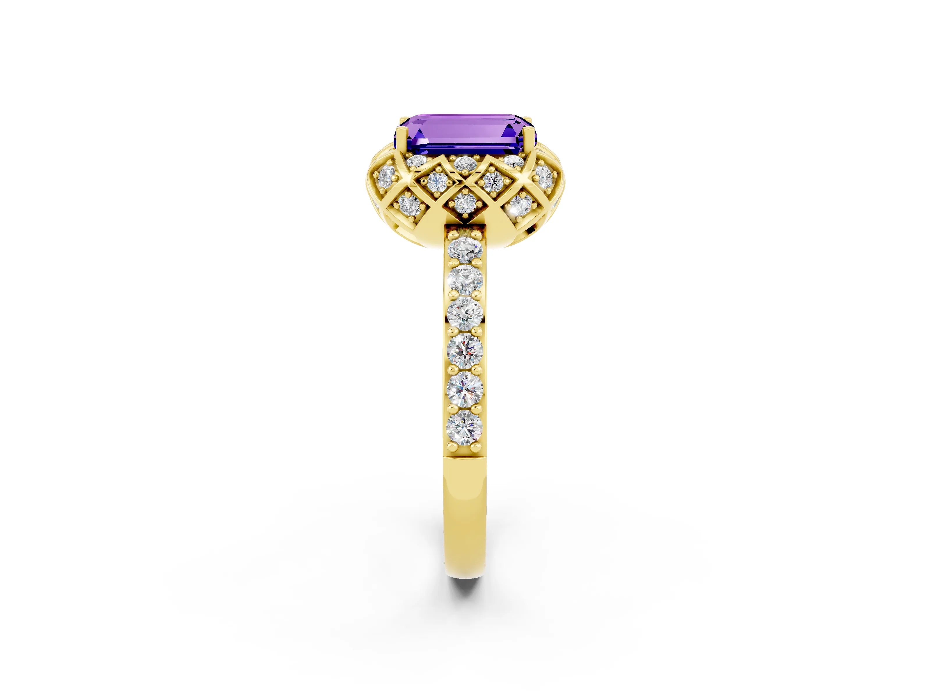Yellow gold Emerald Cut Diamond Solitaire Ring with Shared Prong Pavé Band_2