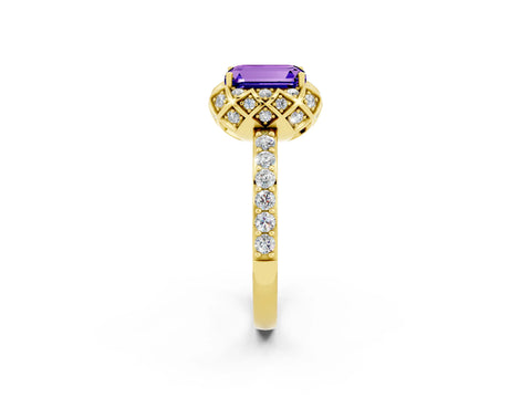 Yellow gold Emerald Cut Diamond Solitaire Ring with Shared Prong Pavé Band_2