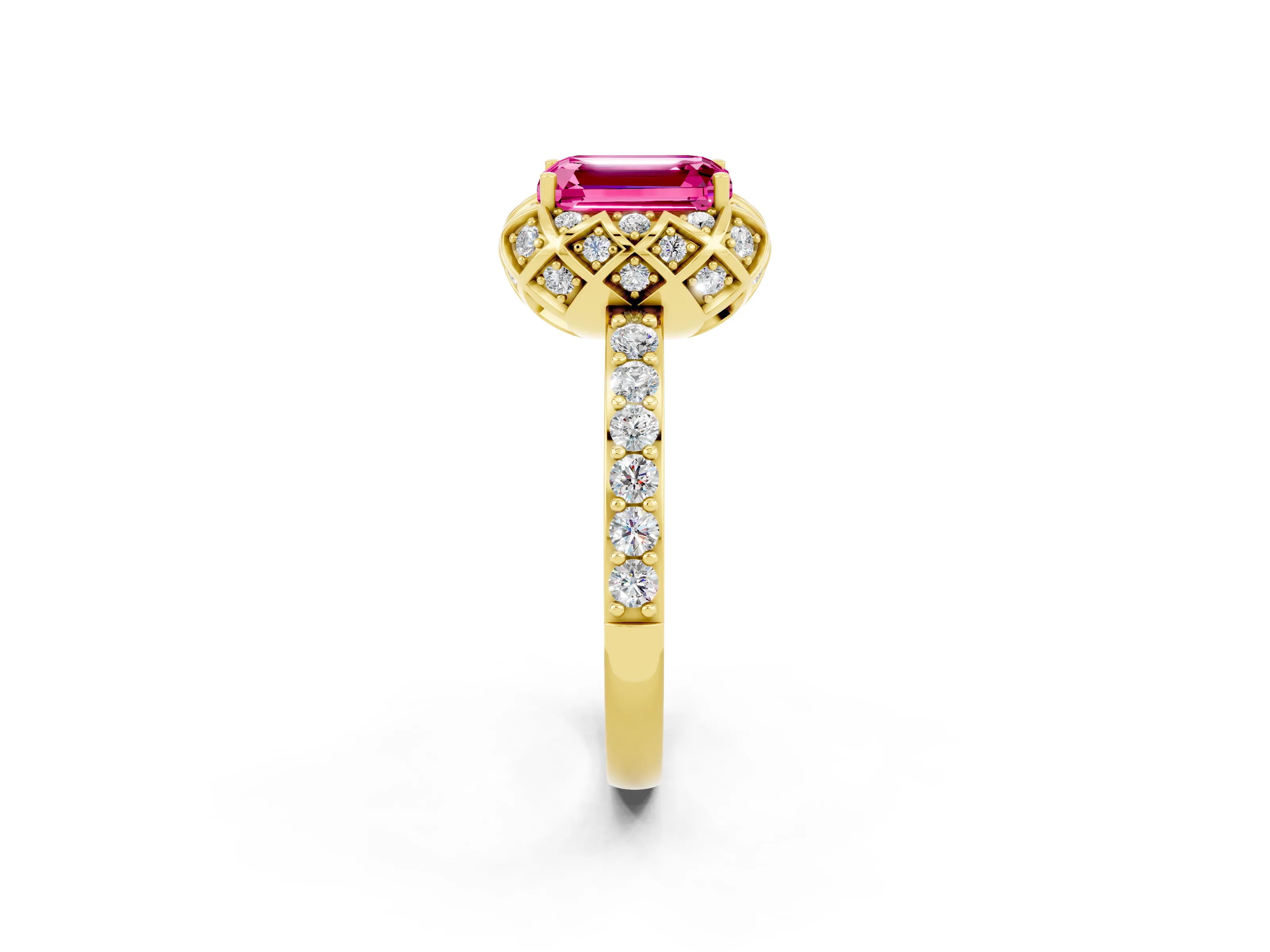 Yellow gold Emerald Cut Diamond Solitaire Ring with Shared Prong Pavé Band_2