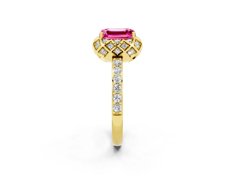 Yellow gold Emerald Cut Diamond Solitaire Ring with Shared Prong Pavé Band_2