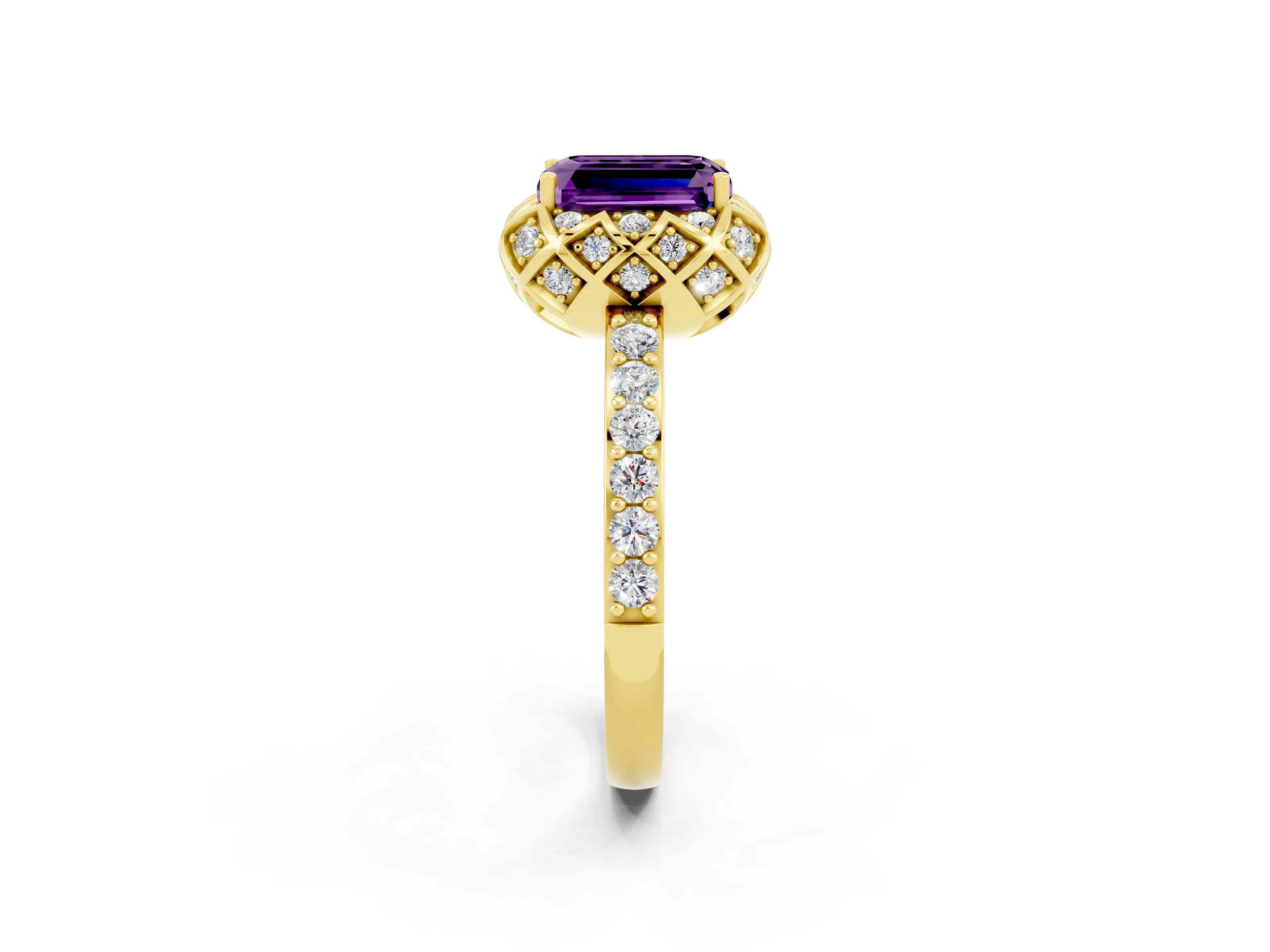 Yellow gold Emerald Cut Diamond Solitaire Ring with Shared Prong Pavé Band_2