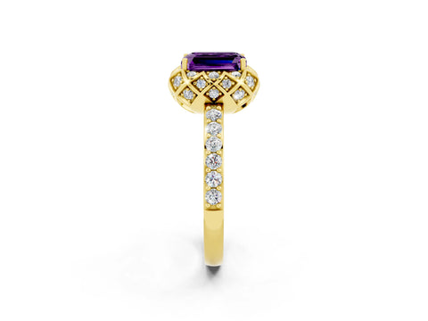 Yellow gold Emerald Cut Diamond Solitaire Ring with Shared Prong Pavé Band_2