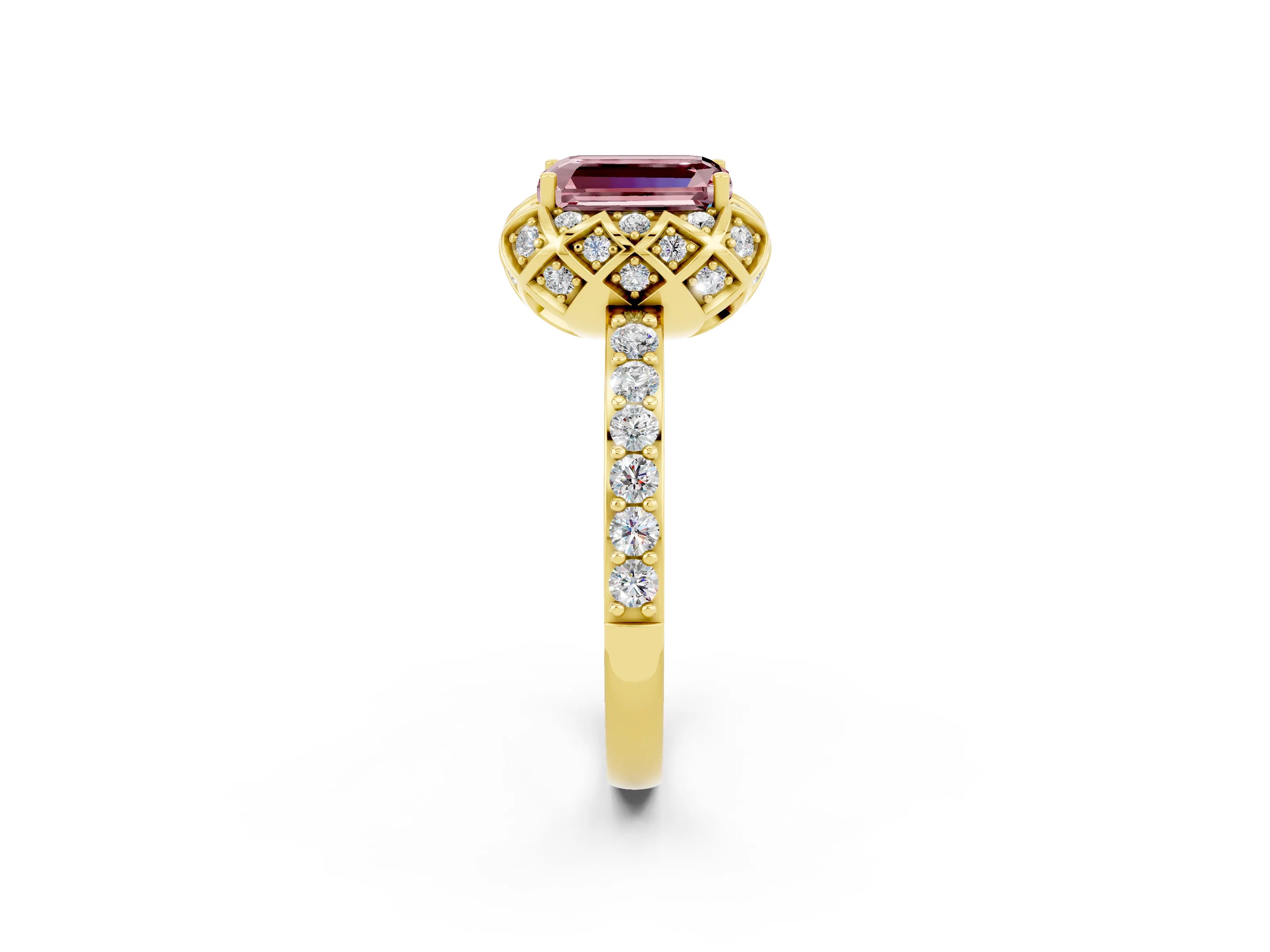 Yellow gold Emerald Cut Diamond Solitaire Ring with Shared Prong Pavé Band_2