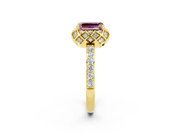 Yellow gold Emerald Cut Diamond Solitaire Ring with Shared Prong Pavé Band