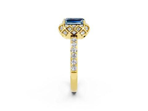 Yellow gold Emerald Cut Diamond Solitaire Ring with Shared Prong Pavé Band_2