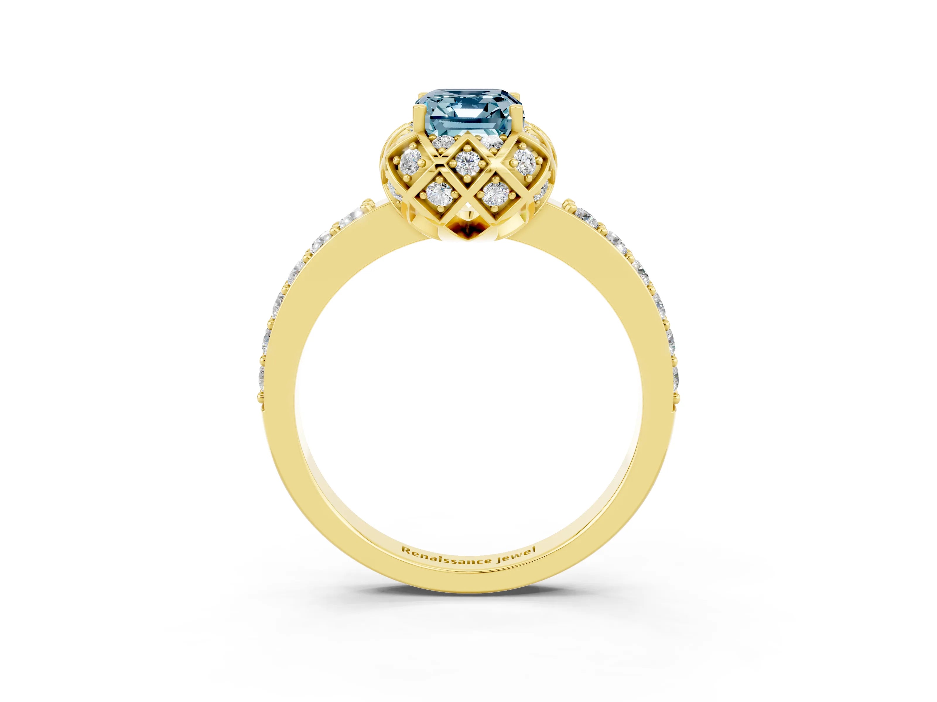 Yellow gold Emerald Cut Diamond Solitaire Ring with Shared Prong Pavé Band_3