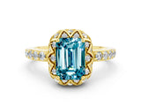 Yellow gold Emerald Cut Diamond Solitaire Ring with Shared Prong Pavé Band