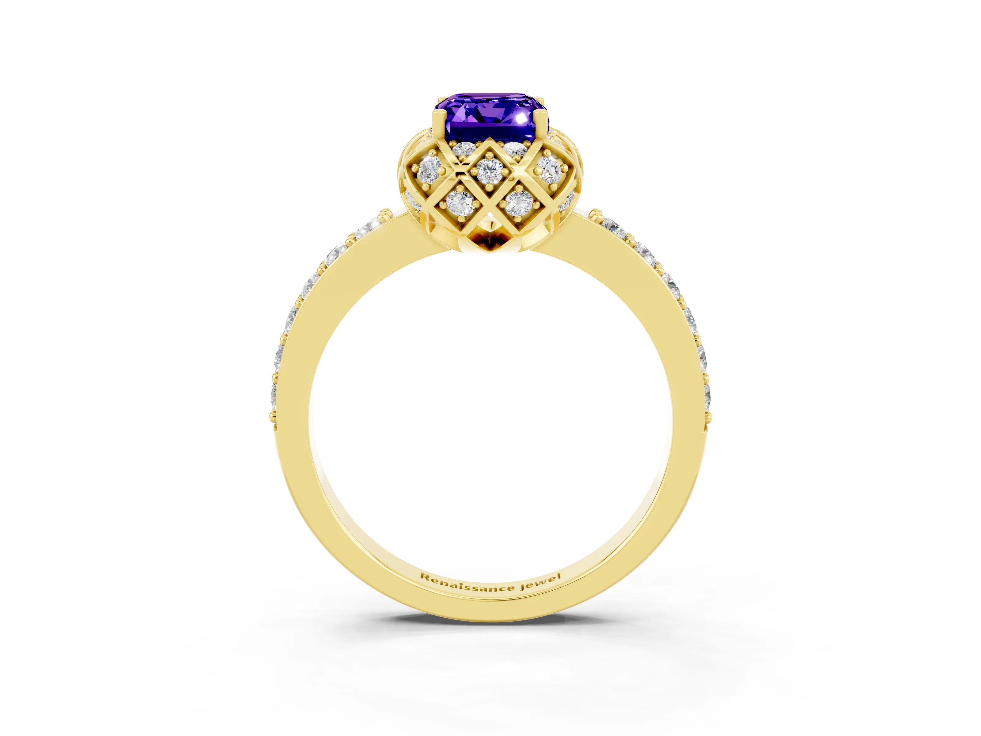 Yellow gold Emerald Cut Diamond Solitaire Ring with Shared Prong Pavé Band_3