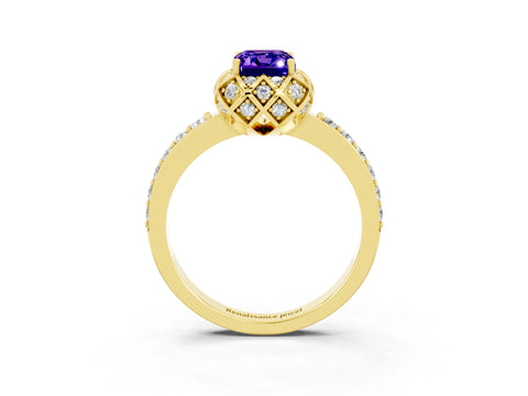 Yellow gold Emerald Cut Diamond Solitaire Ring with Shared Prong Pavé Band_3