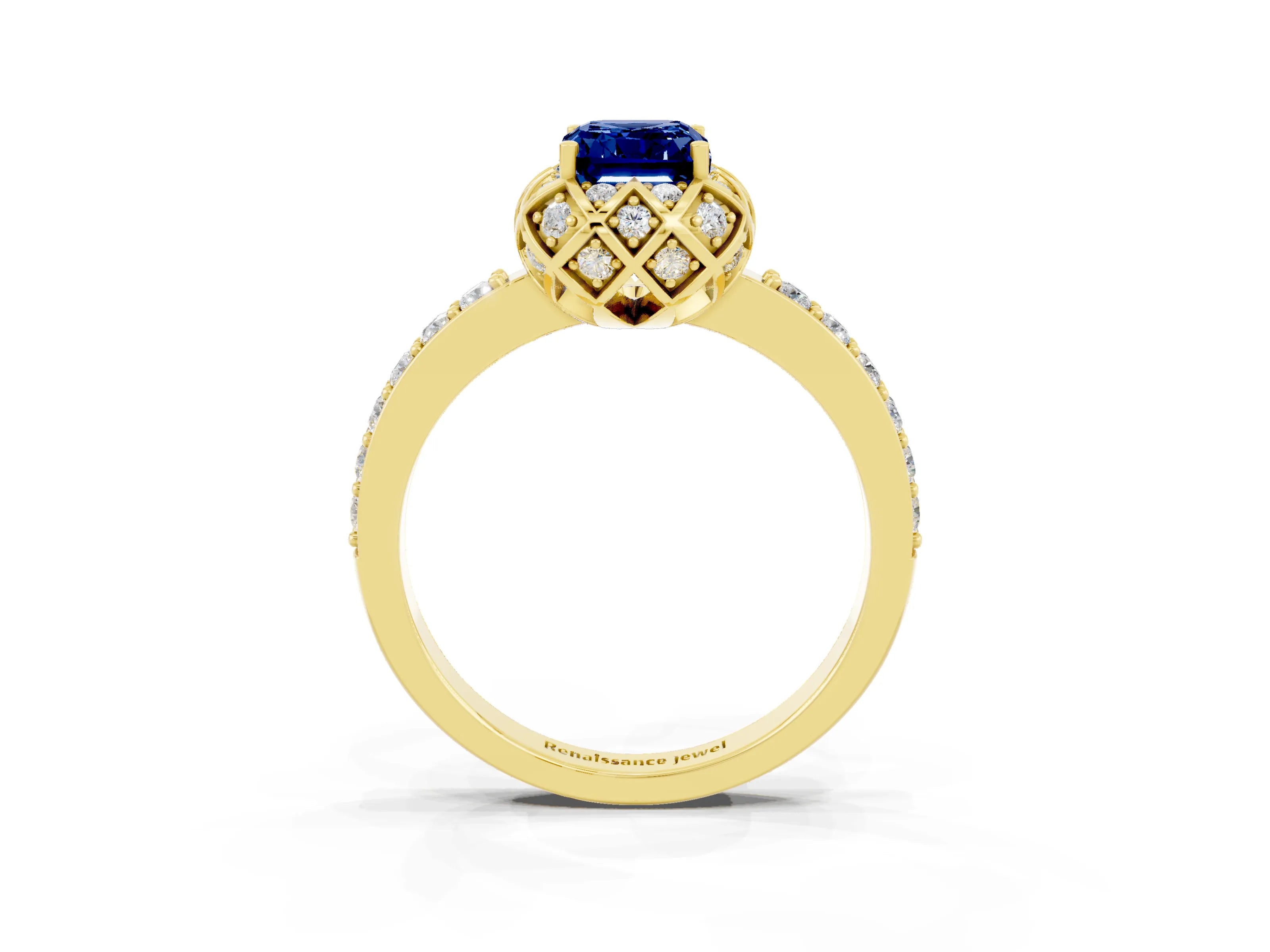 Yellow gold Emerald Cut Diamond Solitaire Ring with Shared Prong Pavé Band_3