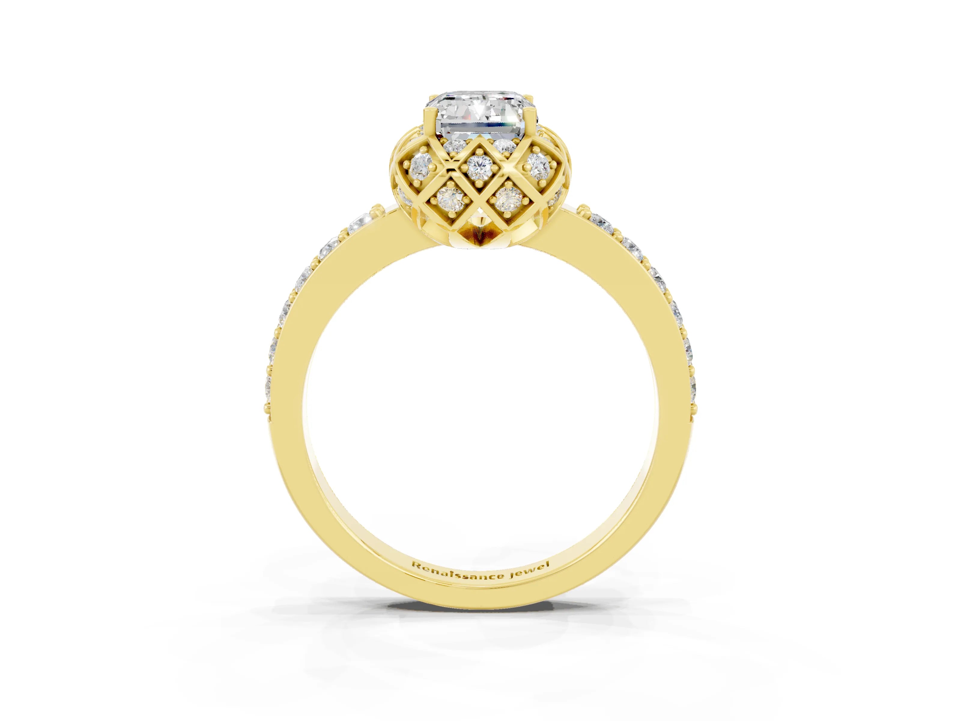 Yellow gold Emerald Cut Diamond Solitaire Ring with Shared Prong Pavé Band_3