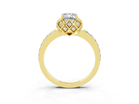 Yellow gold Emerald Cut Diamond Solitaire Ring with Shared Prong Pavé Band_3