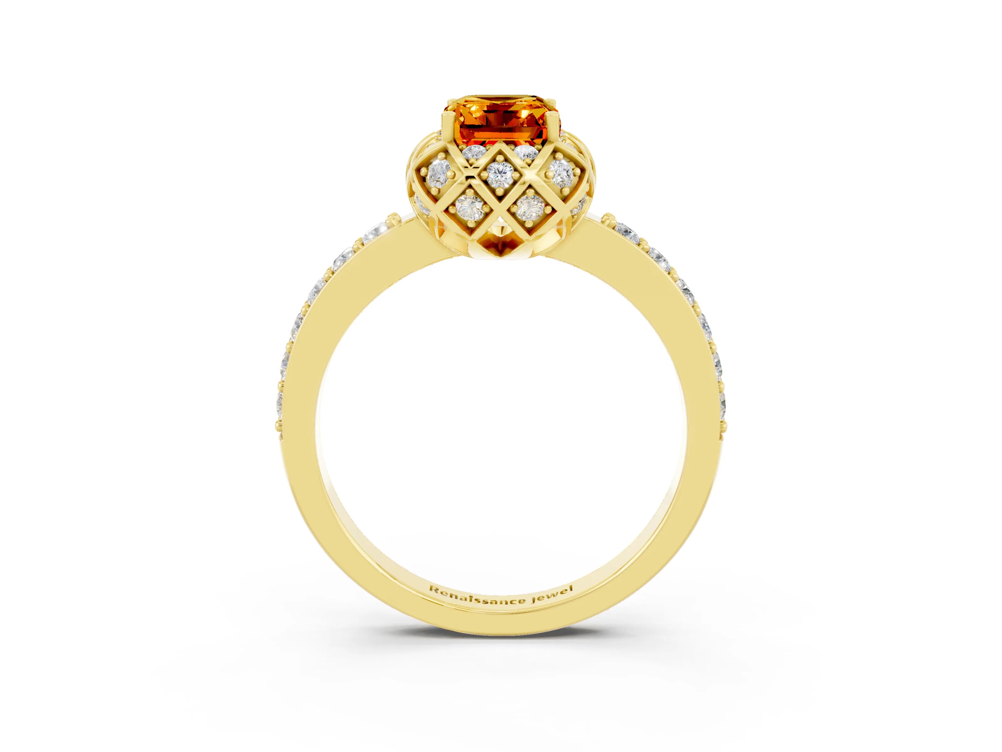 Yellow gold Emerald Cut Diamond Solitaire Ring with Shared Prong Pavé Band_3