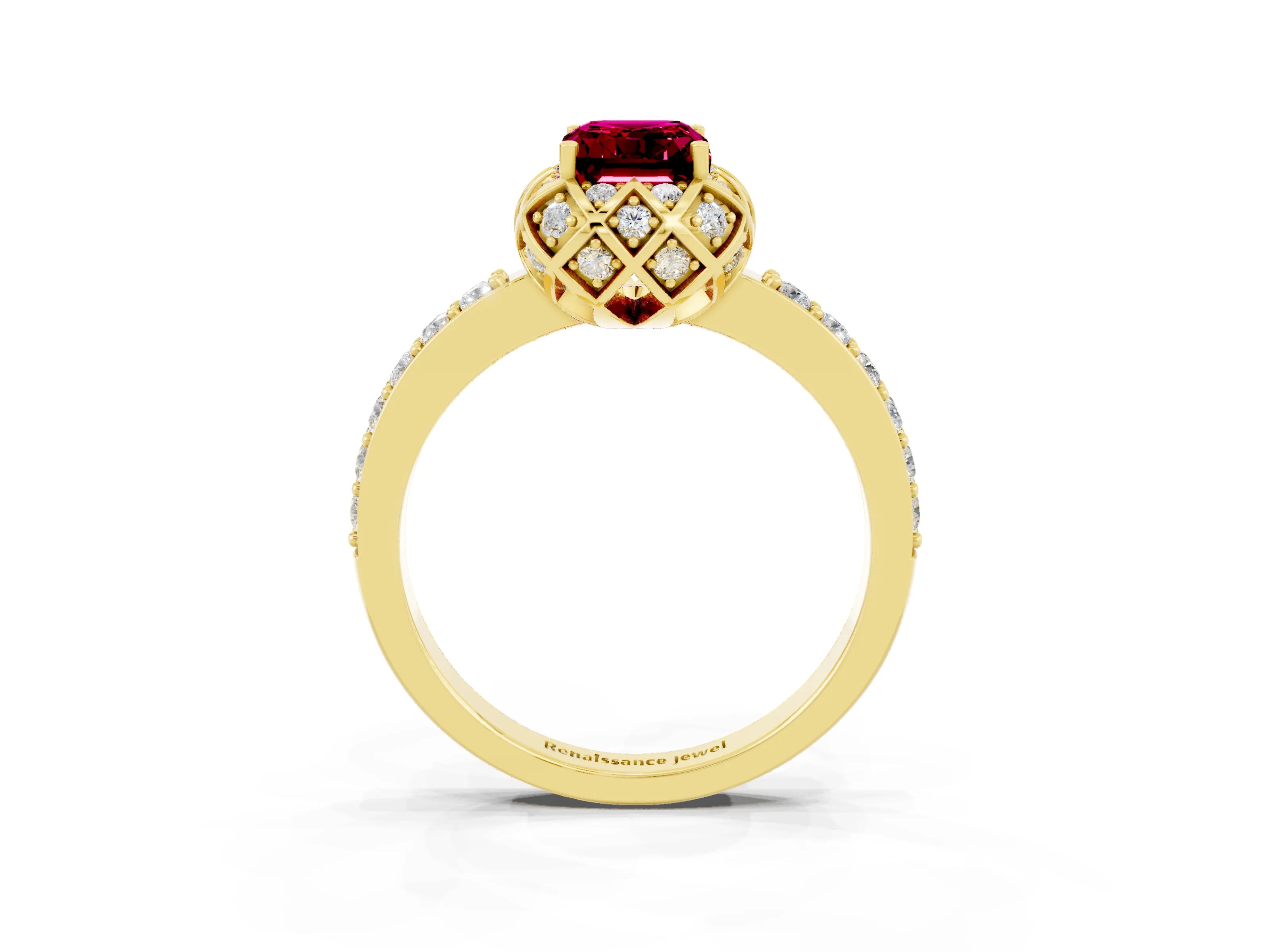 Yellow gold Emerald Cut Diamond Solitaire Ring with Shared Prong Pavé Band_3