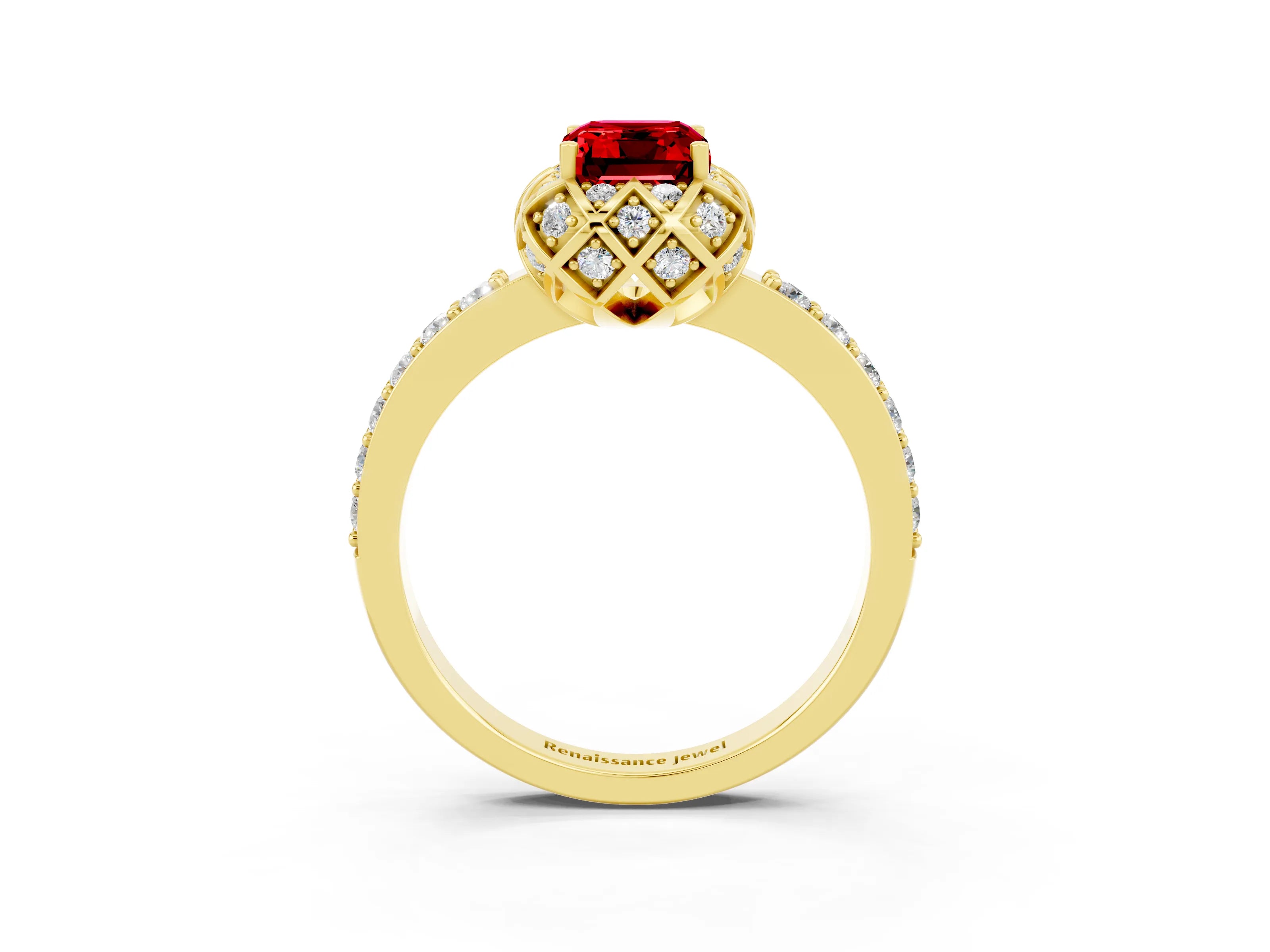 Yellow gold Emerald Cut Diamond Solitaire Ring with Shared Prong Pavé Band_3